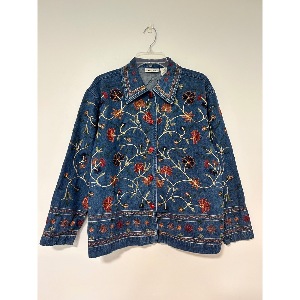 Units Vintage‎ Floral Embroidered Denim Jacket Blue Cotton Boho Artsy Large